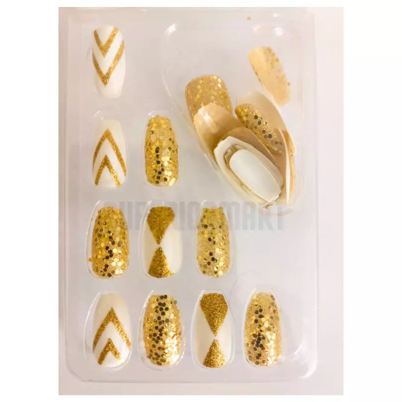 False Nail Artificial Tips Set of 24 Full Coverage Glue On Nails Gold Glitter from Superior Mart